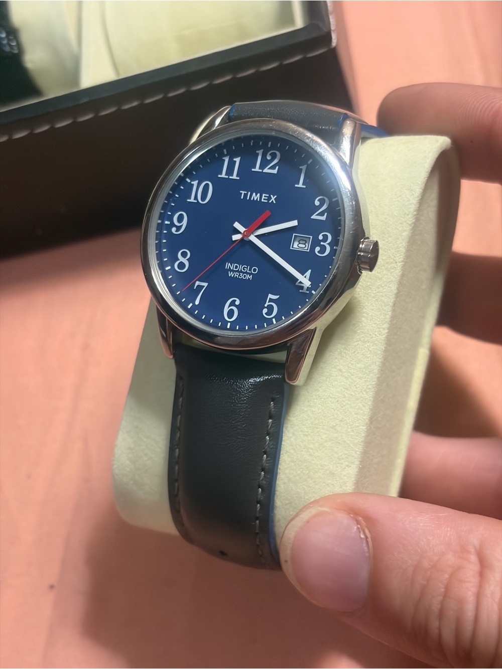 Timex color pop series Blue Dial Silver-Tone Case Watch with grey Leather Strap